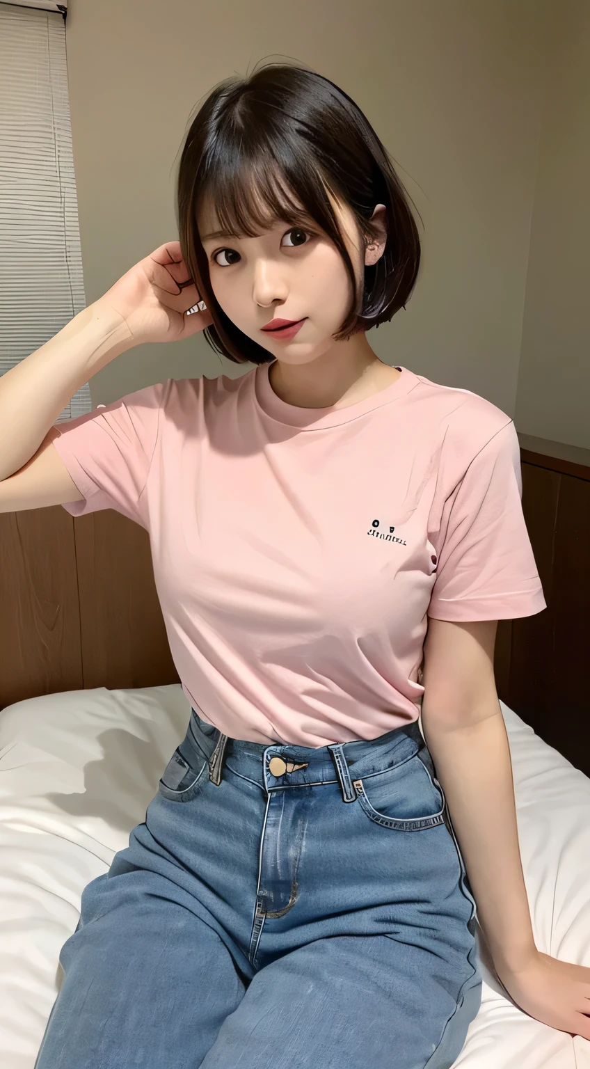 Pink sexy tight shirt、I can see your pants、bed、Embarrassed face、Short sleeve、Short hair with bangs