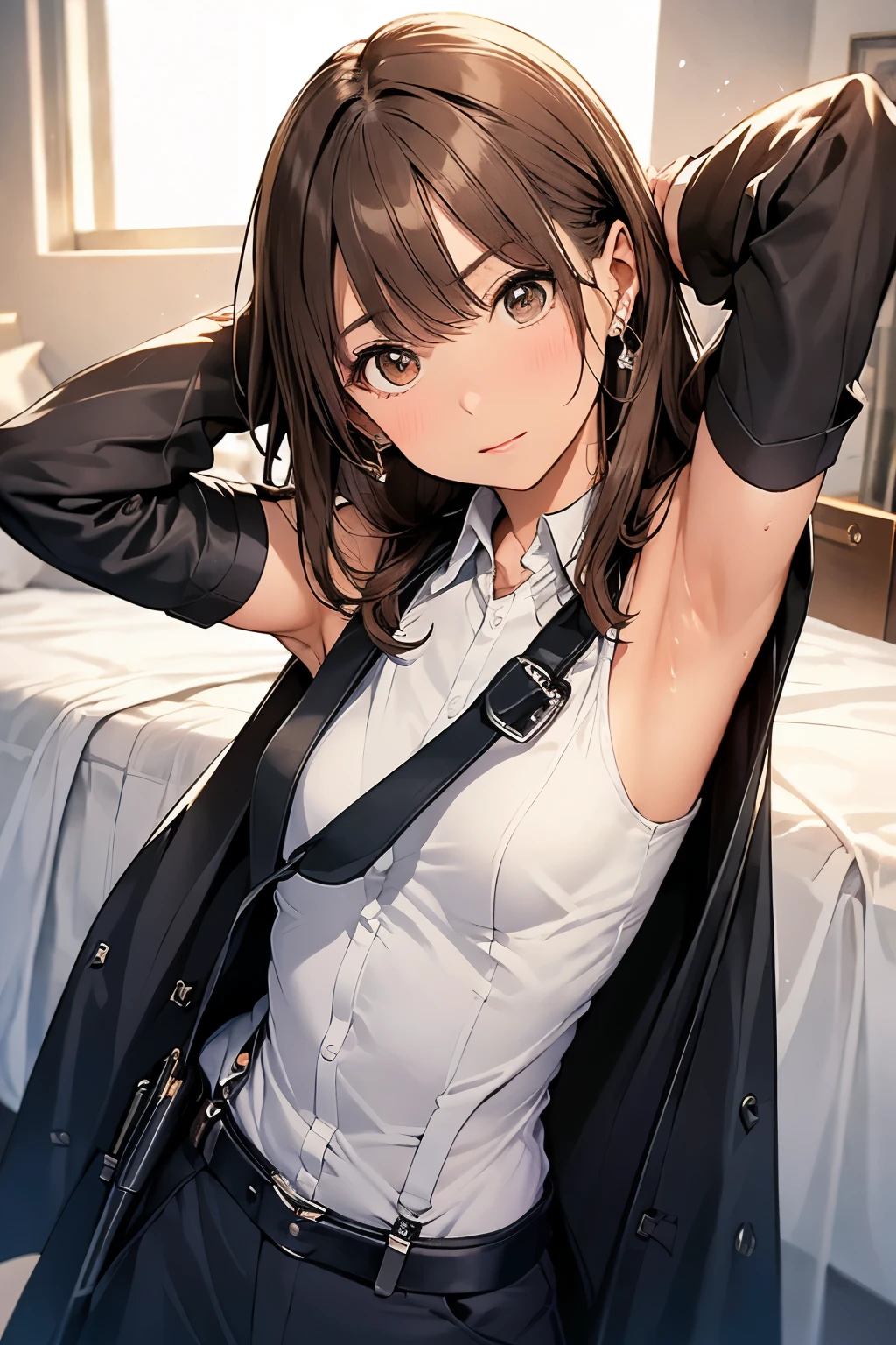 Brown Hair、Staring at the audience　　　Black suspenders　　　bulging big breasts　　 　 　　　wall: 　Black pantsuit　　　　　　sight　　　Small face　 　　　holster　　　Beautiful woman　　Show your hand　　 Lying in bed　　sight 　　Taunt　side　side汗 　arm　Dress shirt　Black Suit　belt　summer　Armpit sweat