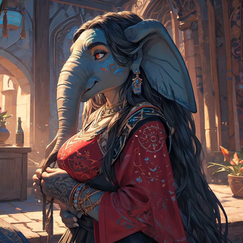 Create an illustrated, hand-drawn, full-color masterpiece with warm lighting and shadows. Incorporate graphite shading, stencil marks, and airbrushed acrylic paint in the style of "Breath of the Wild." The image should feature a beautiful goblin woman with a humanoid, furry appearance and large ears shaped like those of an elephant. She has red skin, bright eyes, luscious thick fleshy lips, and a wide smile. Depict her with a perfect, symmetrical face and a curvy hourglass figure with large breasts. Her face, neck, and arms are covered in intricate blue tattoos, adding a mythic beauty to her. She is wearing a long, flowing, lacey dress with a high neck and long billowing skirts. The background should be detailed and sharp, adding to the overall high-resolution, best quality, and detailed art piece.