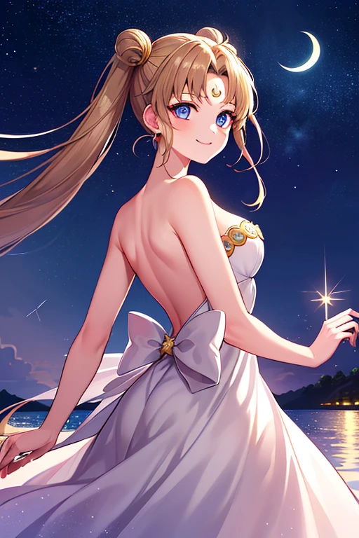 ((best quality)), ((highly detailed)), masterpiece, absurdres, (detailed eyes, deep eyes), (1girl), dynamic pose, long dark brown hair (to her back), smiling, Princess_white_strapless_dress_huge_back_bow_Golden_crescent_forehead_mark, (at a floating island, midnight, night sky, stars, moonlight, shooting star)