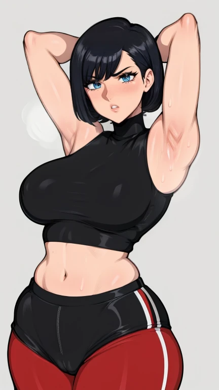 gym background、Super detailed illustrations、Super precise expression、masterpiece、highest quality、ultra high resolution、high resolution、(Sweat、body fluid)、shiny skin、black hair、short hair、red eyes、black croptop turtleneck、sleeveless、Standing picture、hot pants、put hands behind head, armpits, armpits visible, large breasts, seductive smile