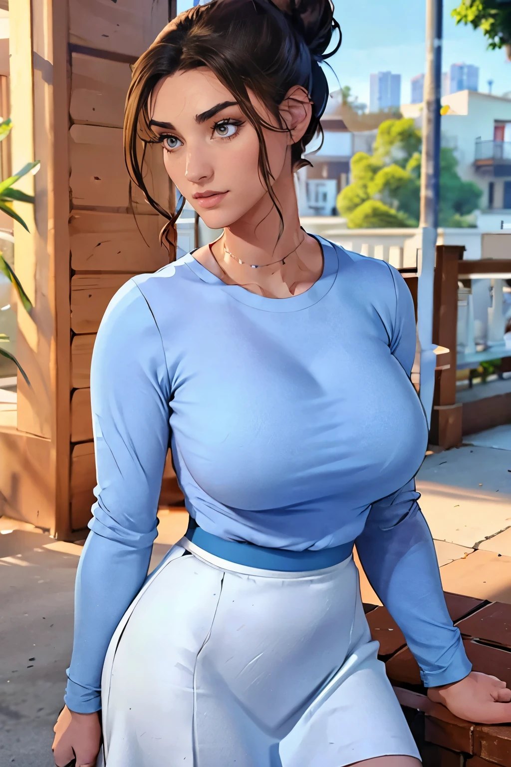 Gorgeous and sultry busty athletic (happy) brunette with sharp facial features, athletic bun, large breasts and a (large nose) wearing a loose light blue top, low-cut wide neck, loose sleeves, white skirt