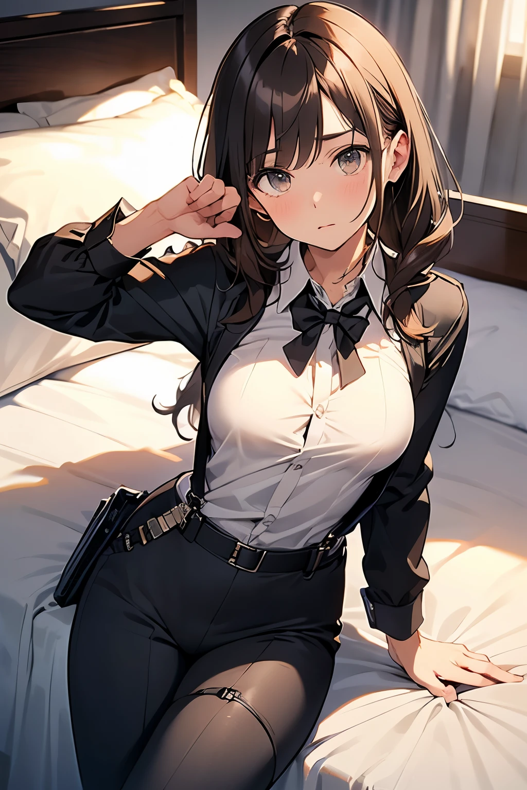 Brown Hair、Staring at the audience　　　Black suspenders　　　bulging big breasts　　 　 　　　wall: 　Black pantsuit　　　　　　sight　　　Small face　 　　　holster　　　Beautiful woman　　Show your hand　　 Lying in bed　　sight 　　Taunt　side　side汗 　arm　Dress shirt　Black Suit　belt　summer　Armpit sweat