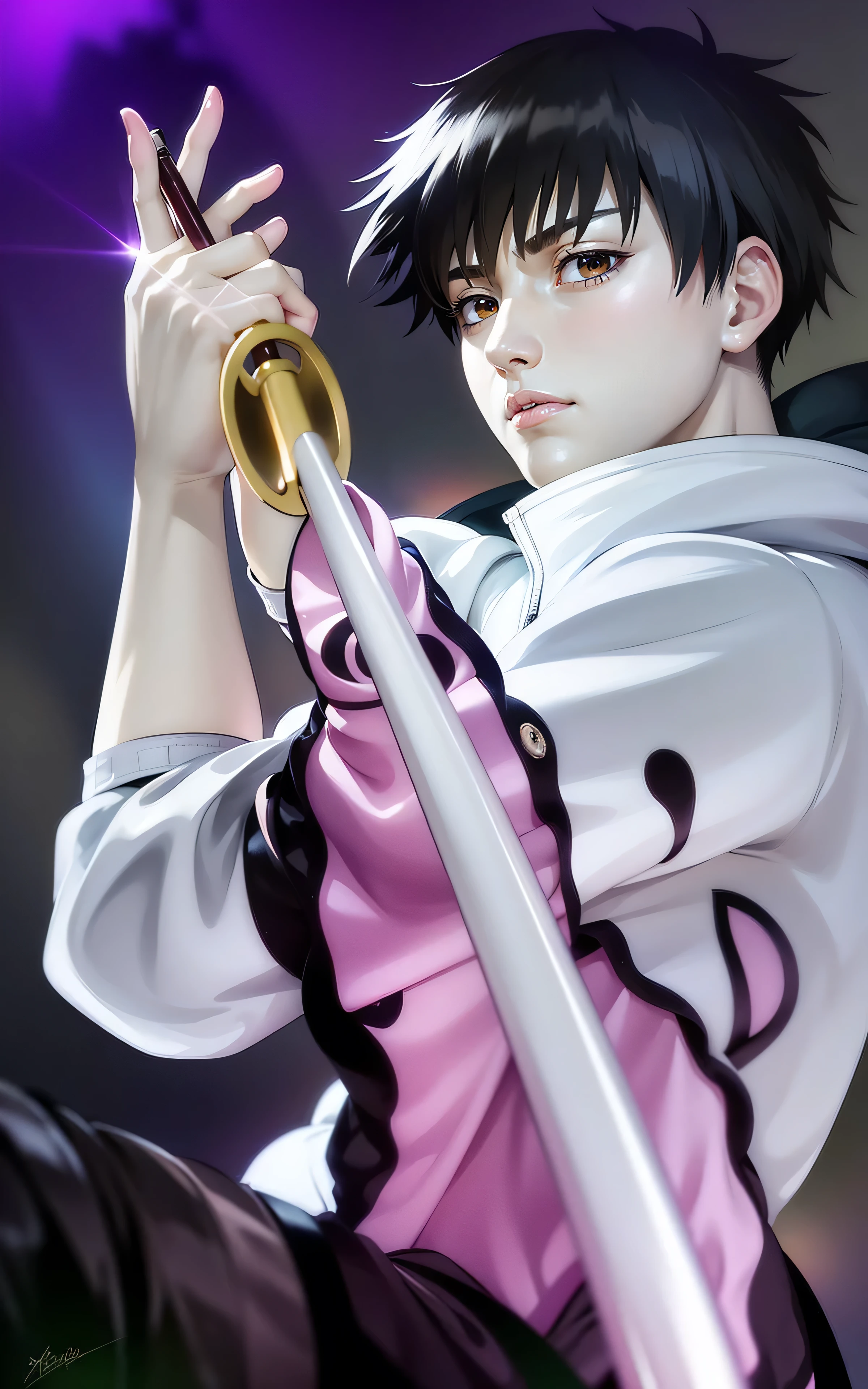 Realistic Anime style, handsome, cool boy, (detailed face 8k) (detailed hair 8k) (detailed clothes 8k) serious face, Attack on titan uniform, purple cloak, black short hair, 8K, HDR sharpen, angry.