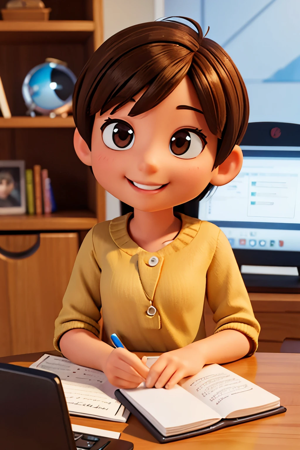 3d character young smiling, she has very short brown hair as well as her eyes, she is studying on a computer, daytime lighting, in 3d pixar style