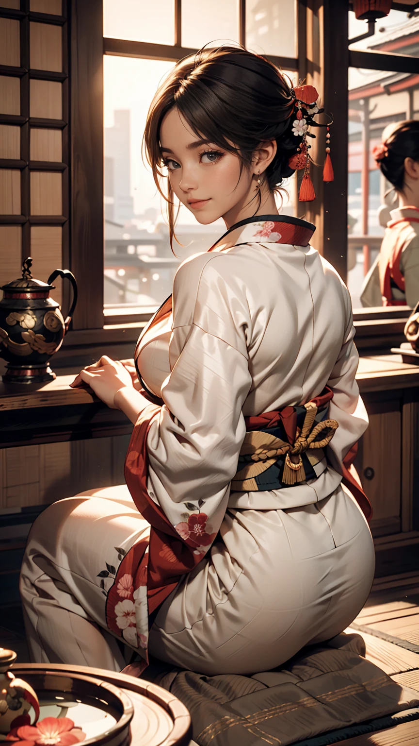Realistic, alone, Beautiful Japanese Woman, Traditional Kimono, Natural appearance, A kind smile, Impressive Gaze, Traditional hairstyle, Japanese-style room at dusk, Sit by the window, Illuminated by the city lights, (Attractive pose), Professional Photographer, Shallow depth of field, Backlight,