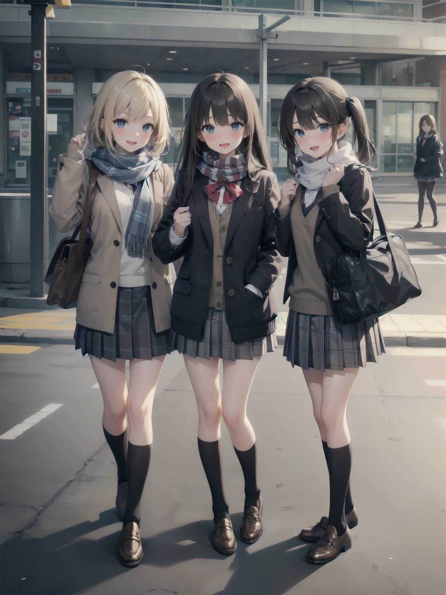 long hair, looking at viewer, blush, smile, open mouth, bangs, blue eyes, multiple girls, skirt, brown hair, shirt, black hair, long sleeves, bow, brown eyes, very long hair, , standing, jacket, white shirt, :d, sweat, pleated skirt, outdoors, open clothes, shoes, day, socks, striped, collared shirt, hand up, 3girls, bag, scarf, red bow, open jacket, black jacket, v-shaped eyebrows, sleeves past wrists, parted bangs, plaid, kneehighs, nose blush, plaid skirt, brown footwear, flying sweatdrops, blazer, cardigan, loafers, grey skirt, school bag, striped bow, diagonal stripes, train station