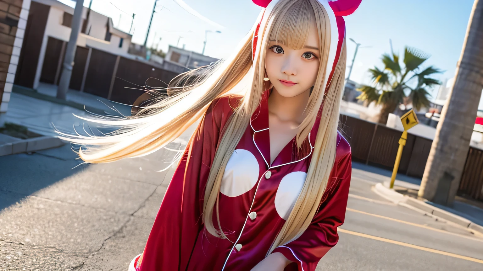 Kigurumi Costume Pajamas、Sexy Big 、A cute 15-year-old girl with a sexy and cute look, beautiful and sexy face、A strong wind blows my hair in front of my face、With straight blonde hair、beautiful, Cute and sexy eyes hidden behind long bangs、Costume pajamas