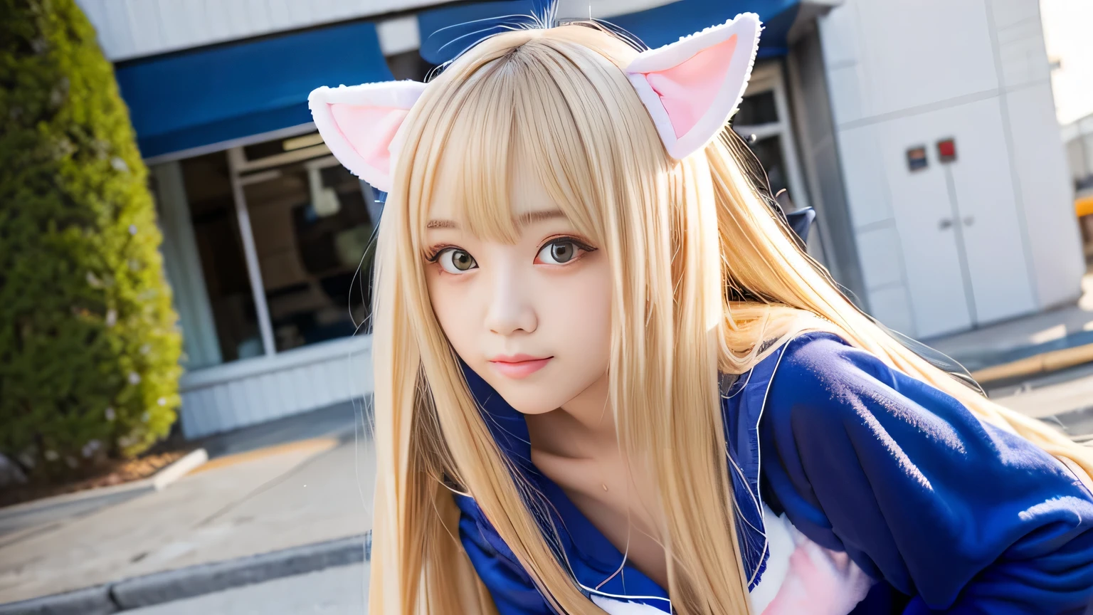 Kigurumi Costume Pajamas、Sexy Big 、A cute 15-year-old girl with a sexy and cute look, beautiful and sexy face、A strong wind blows my hair in front of my face、With straight blonde hair、beautiful, Cute and sexy eyes hidden behind long bangs、Costume pajamas