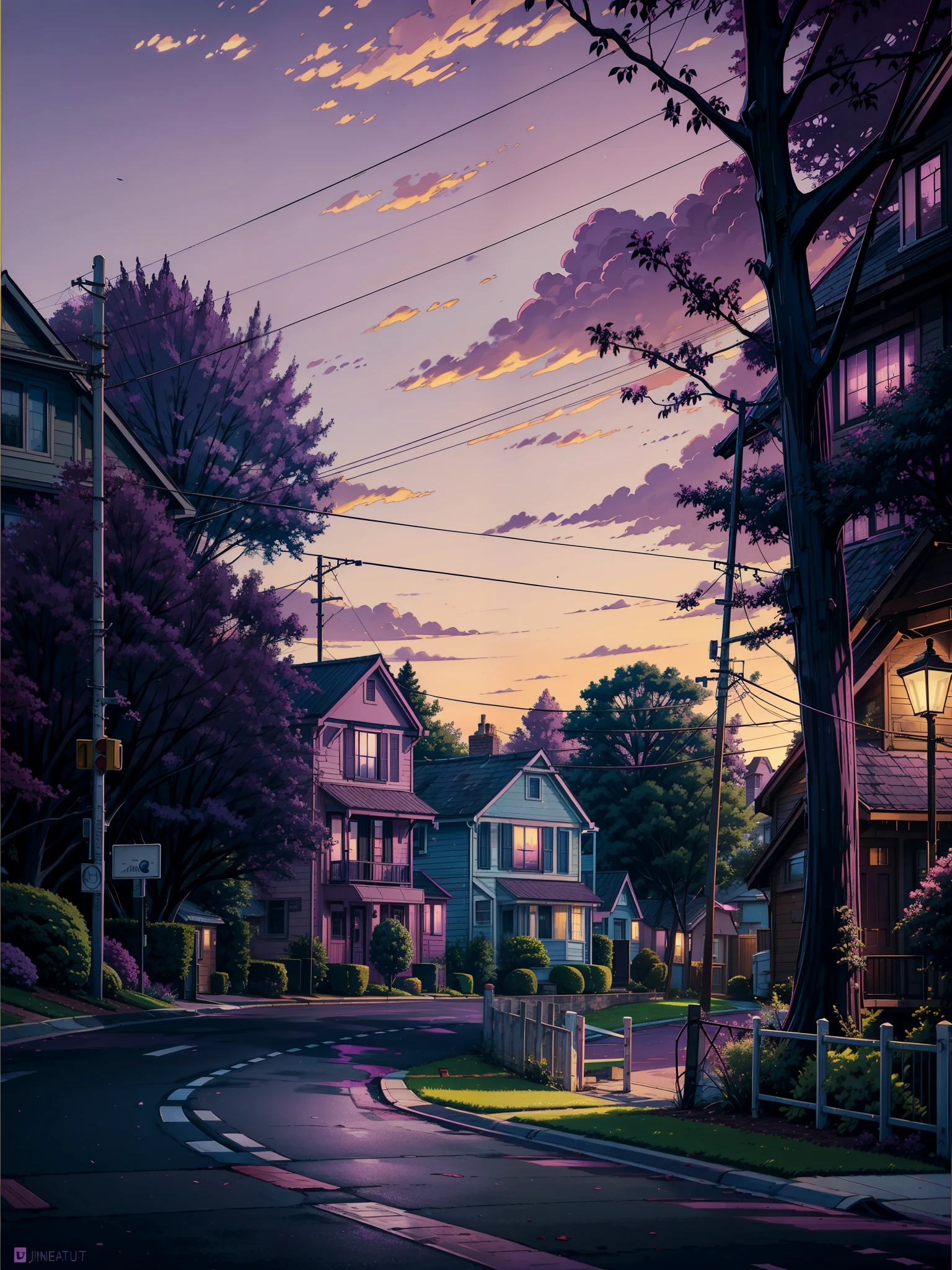 a painting of a street with a house in the background, by George Ault, american scene painting, greg rutgowski, george ault painting style, magenta trees, tall purple and pink trees, by Lois Dodd, purple sunset, american suburb, at purple sunset, purple lighted street, purple sky, by John Wonnacott, suburbia street, dark purple sky