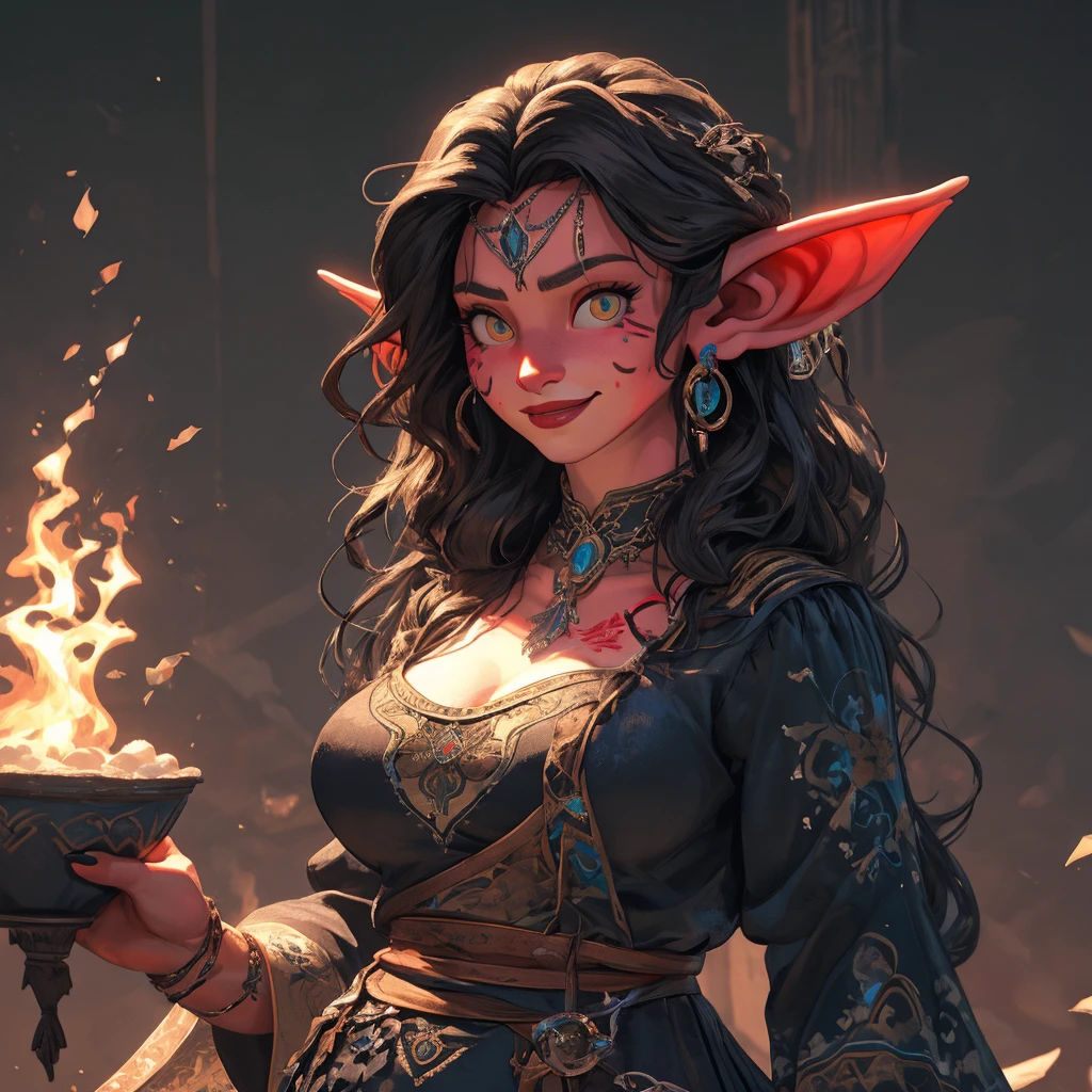 Create an illustrated, hand-drawn, full-color masterpiece with warm lighting and shadows. Incorporate graphite shading, stencil marks, and airbrushed acrylic paint in the style of "Breath of the Wild." The image should feature a beautiful goblin woman with a humanoid, furry appearance and large ears shaped like those of an elephant. She has red skin, bright eyes, luscious thick fleshy lips, and a wide smile. Depict her with a perfect, symmetrical face and a curvy hourglass figure with large breasts. Her face, neck, and arms are covered in intricate blue tattoos, adding a mythic beauty to her. She is wearing a long, flowing, lacey dress with a high neck and long billowing skirts. The background should be detailed and sharp, adding to the overall high-resolution, best quality, and detailed art piece. Scarlett Johanson



