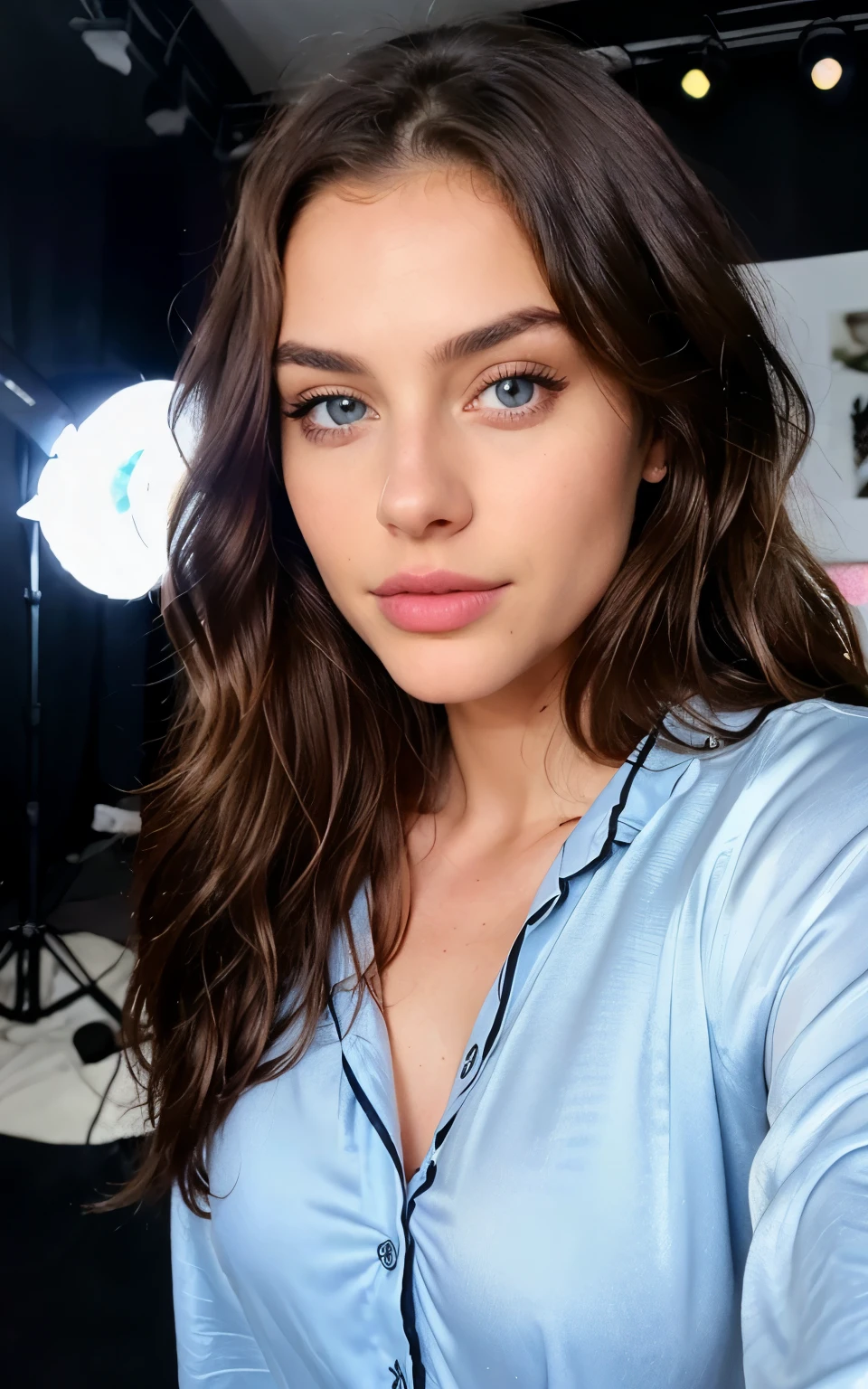 a 25 year old girl, beautiful detailed eyes, beautiful detailed lips, extremely detailed face, medium wavy brown hair, blue eyes, selfie looking at camera, wearing pajamas, sexy body, highly detailed, Photorealistic, Artwork, 8K, ultra -Detailed, Professional, studio lighting, physically based rendering, vivid colors, portraits
