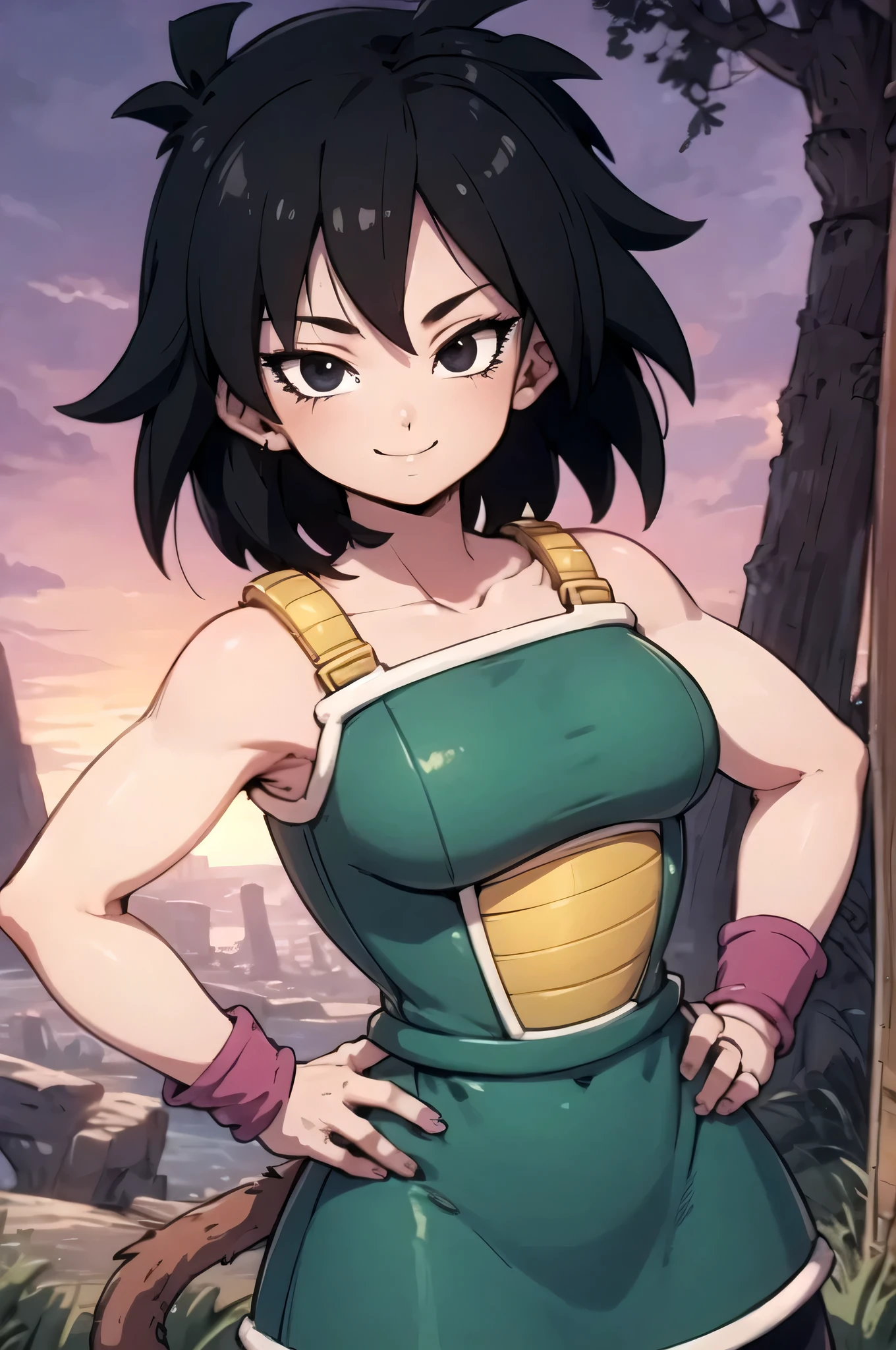 masterpiece, best quality, gine, saiyan armor, green skirt, wristband, black pantyhose, tail, upper body, smile, hands on hips, looking at viewer, field, trees, purple sky, anime style
