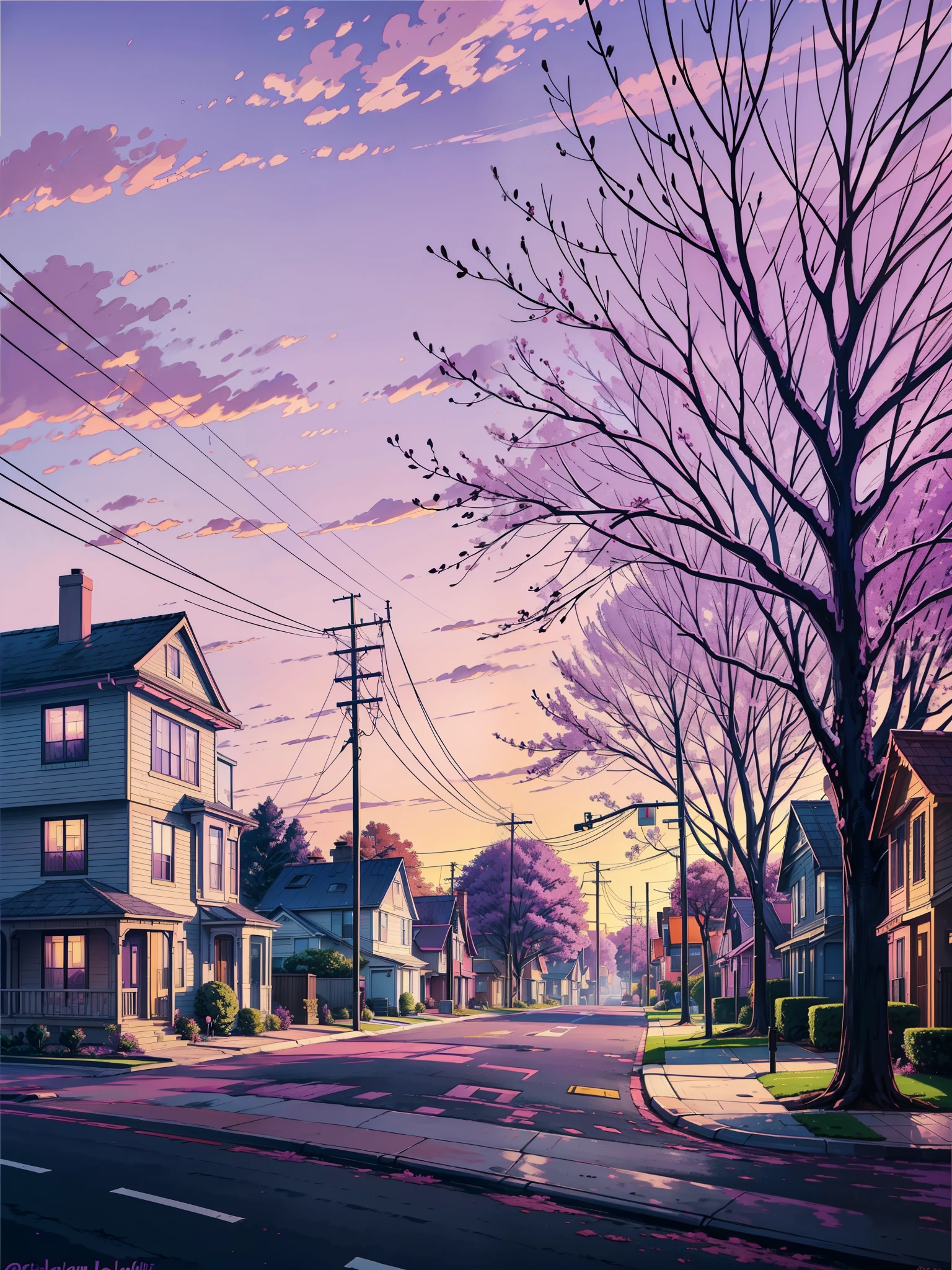 a painting of a street with a house in the background, by George Ault, american scene painting, greg rutgowski, george ault painting style, magenta trees, tall purple and pink trees, by Lois Dodd, purple sunset, american suburb, at purple sunset, purple lighted street, purple sky, by John Wonnacott, suburbia street, dark purple sky