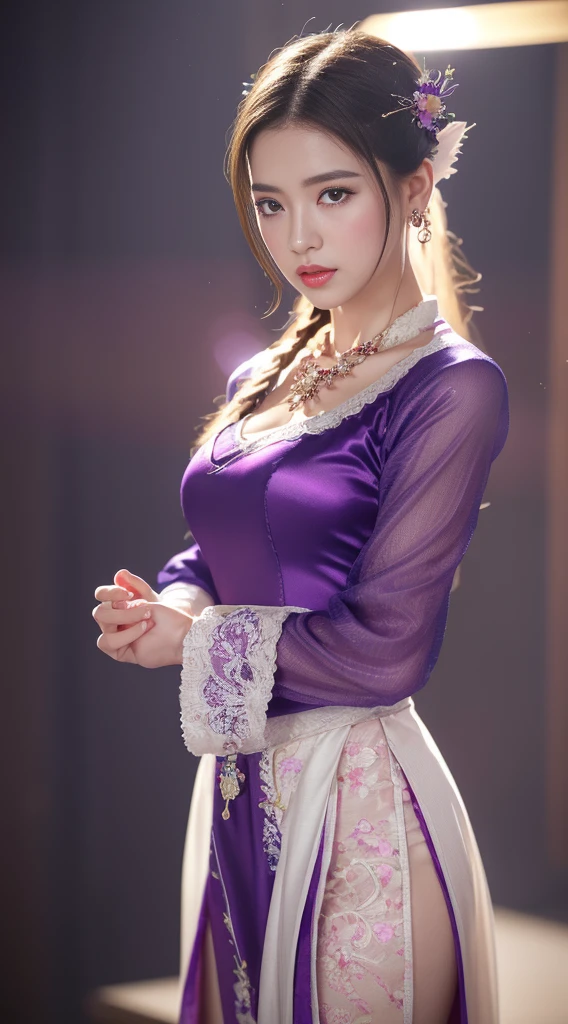 1 Beauty in Hanfu, Thin purple silk shirt，White，Variety of textures, White lace top, Platinum purple long ponytail, hair accessories, earring, light purple rabbit ears, Necklaces and Necklaces, Carefully drawn big purple eyes, Detailed makeup, thin eyebrows, high nose, cute red lips, no smile, purse lips, red face, broad chest, big breasts , Well-proportioned breasts, slim waist, Purple fishnet stockings, Chinese Hanfu style, fictional art texture, The colors are vivid and true to life, original photo, Realistic photos, Ultra-high quality 8k hyper-realistic photos, (Effective fantasy lighting effects: 1.8), 10x pixels, magic effect (background): 1.8), super detailed eyes, Girl body portrait, solo girl, Ancient Chinese clothing background,