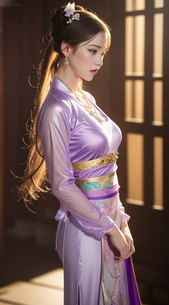 1 Beauty in Hanfu, Thin purple silk shirt，White，Variety of textures, White lace top, Platinum purple long ponytail, hair accessories, earring, light purple rabbit ears, Necklaces and Necklaces, Carefully drawn big purple eyes, Detailed makeup, thin eyebrows, high nose, cute red lips, no smile, purse lips, red face, broad chest, big breasts , Well-proportioned breasts, slim waist, Purple fishnet stockings, Chinese Hanfu style, fictional art texture, The colors are vivid and true to life, original photo, Realistic photos, Ultra-high quality 8k hyper-realistic photos, (Effective fantasy lighting effects: 1.8), 10x pixels, magic effect (background): 1.8), super detailed eyes, Girl body portrait, solo girl, Ancient Chinese clothing background,