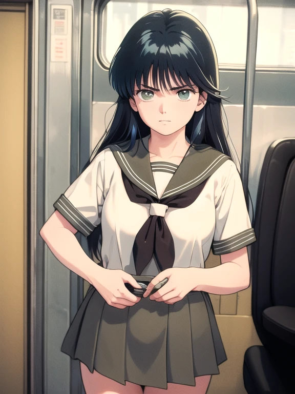 8k、RAW Photos、highest quality、masterpiece:1.2)、(Realistic、Realistic:1.37)、Super detailed、超A high resolution、Anime Style、Beautifully detailed face、beautifulディテールの肌、whole body、Professional Lighting、Black sailor suit、loose socks、Black miniskirt uniform、((ayukawa madoka)), (beautiful, fine grain)、Green Eyes、(Blue Hair、Parted bangs)、on the train、Molester、-like body、、Holding a strap、Innocence、Regretful expression、Angry、Are standing、back、Butt
