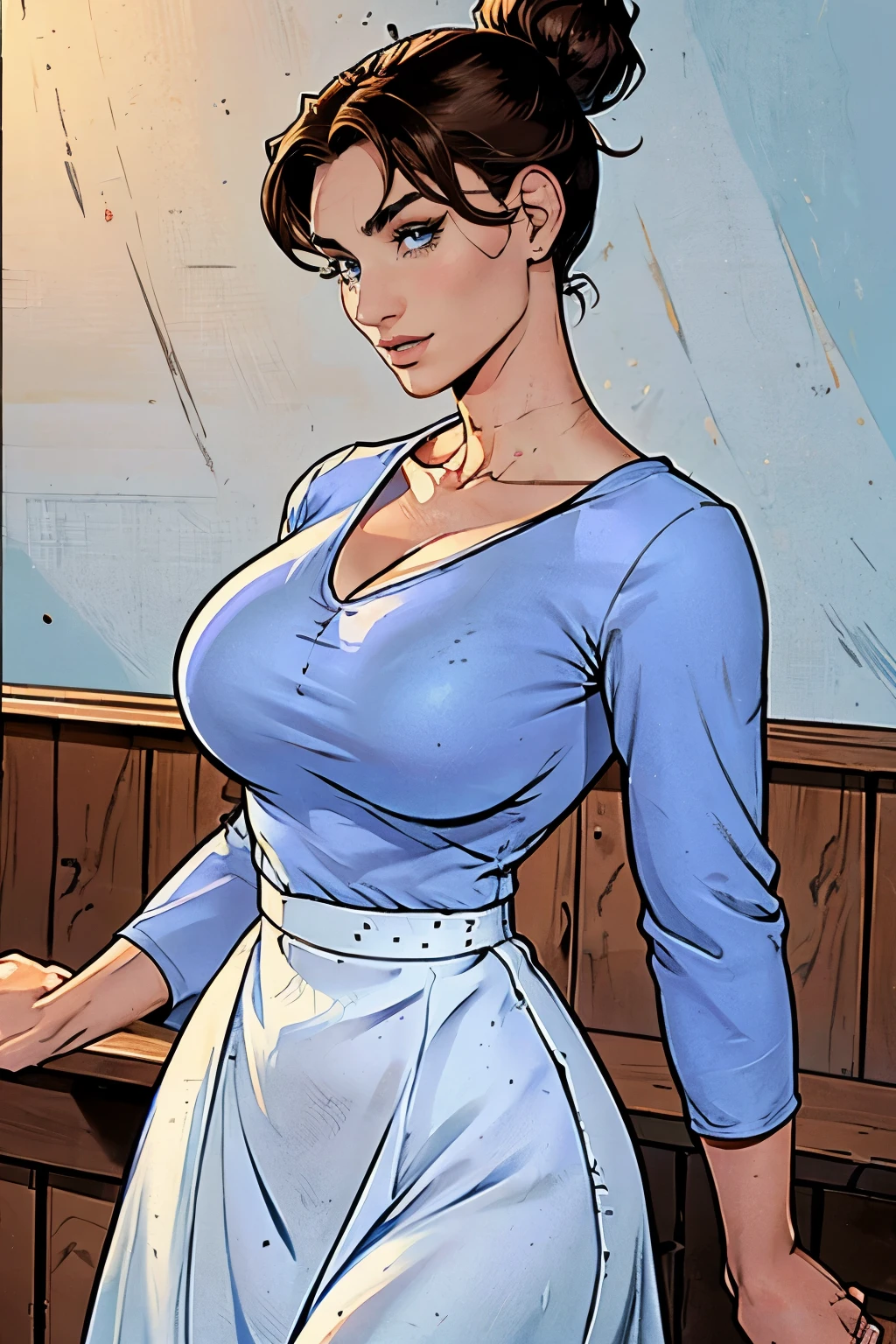 Gorgeous and sultry busty athletic (happy) brunette with sharp facial features, athletic bun, large breasts and a (large nose) wearing a loose light blue top, low-cut wide neck, loose sleeves, white skirt