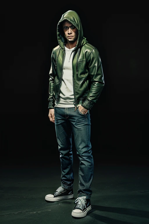 Man in hoodie Hooded and on top green Dark leather jacket on top and darkened face cap and jeans and converse sneakers Heroic Presence Serious and strong pose Standing Rolled-up sleeves