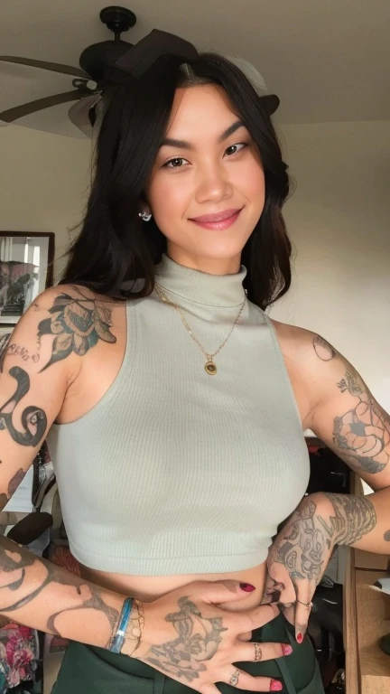 Woman tattooed , subtle smile teeth