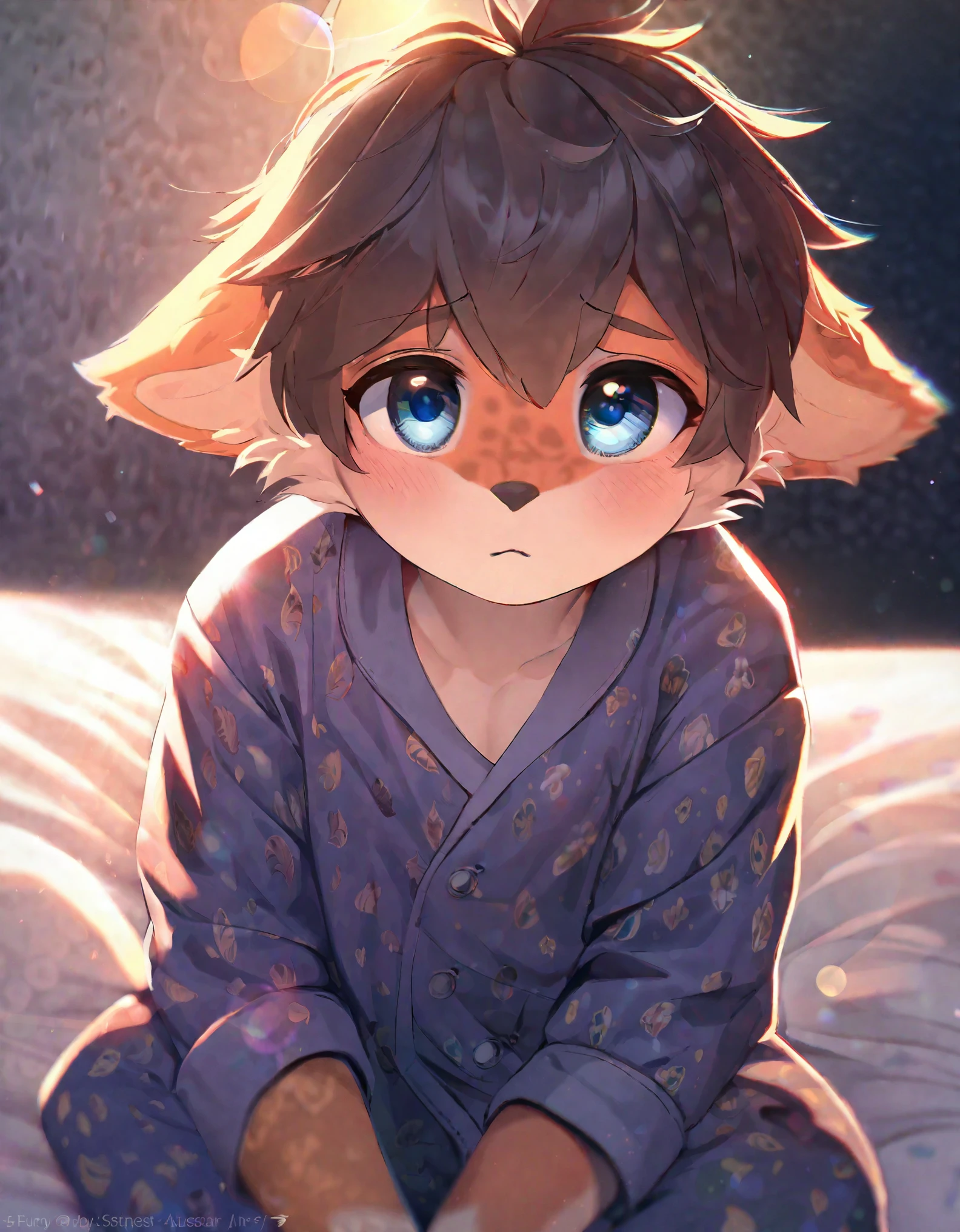 highres, top quality, best quality, paid reward available, High-quality illustrations, unparalleled masterpiece(1boy，on the bed，Shy，look at me，pajamas)Animal ears， Facing the audience，Looking at the audience(furry anthro)，absurdres, perfect anatomy, caustics, dynamic lighting, lens flare, cinematic shadow, cinematic angle,(highly detailed beautiful face and eyes)