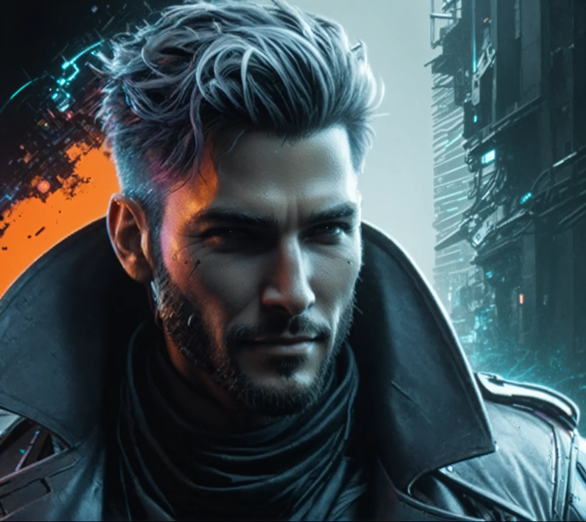 A stunning, high-quality image of a cyberpunk szene, Bounty Hunter male handsome smiling with any cyberpunk, 4k HD