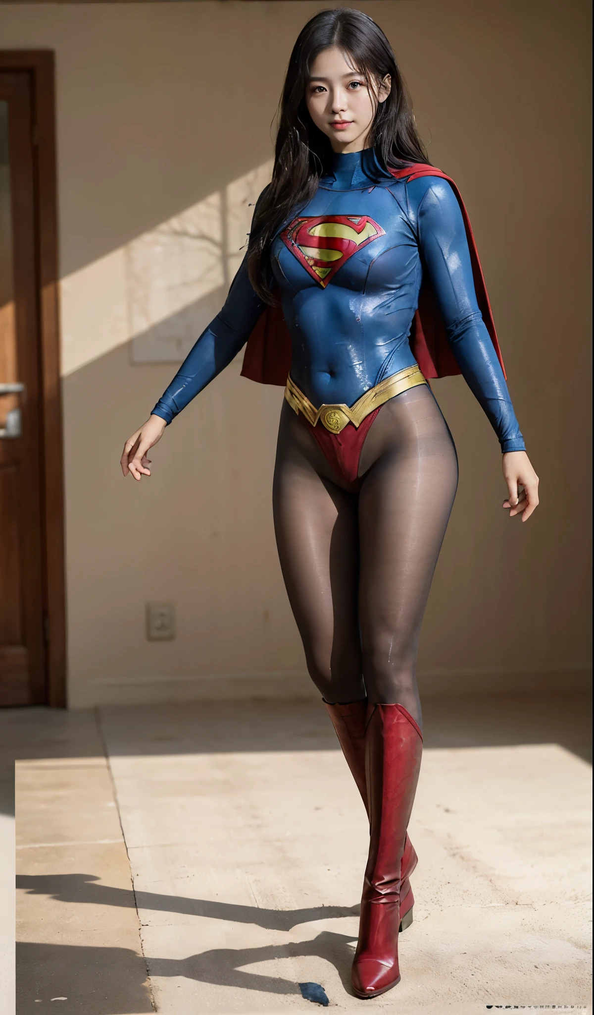 No background、(((Beautiful legs in black tights.)))、(((Legally express the beauty of your smile)))、((((Make the most of your original images)))、(((Supergirl Costume)))、(((Beautiful Hair)))、(((suffering)))、(((Please wear black tights....、Wear red boots)))、((Best image quality、8k))、((highest quality、8k、masterpiece:1.3))、(((Preserve background )))、Sharp focus:1.2、Beautiful woman with perfect figure:1.4、Slim Abs:1.2、Wet body:1.5、Highly detailed face and skin texture、8k