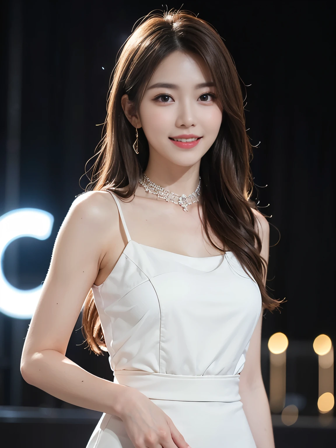 8K, masterpiece, Raw photo, Best Quality, Photorealistic, Highly detailed CG Unity 8K wallpaper, depth of fields, Cinematic Light, Lens Flare, Ray tracing, (Extremely beautiful face, Beautiful lips, Beautiful eyes), intricate detail face, ((Ultra detailed skin)) 1girl in, In the Dark, deepshadow, Pretty Korean girl, Kpop Idol, 1 girl, (Very slim and slender fit muscular body:1.3), ((Looking at Viewer)),(Big smile:1.3), (Midnight, a dark night, (Neon sign), (Blurred background), Dim light), (No people in the background:1.3), Beautiful earrings, Bracelets, Necklace, pantyhose, Clear eyes, Walking , Front shot, (pale skin), (Big eyes), Face forward, (Full body shot), (Brown hairs), open navel, (Looking at Viewer:1.3), Very slim, medium breasts, (Camel toe), thick thighs, turn back, (fluttering mini dress), ((White Collar Dresses)), (Tight skirt), ((front shot)), Ultra mini skirt,