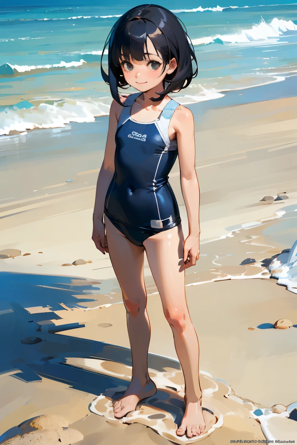 (high quality, High resolution, Very detailed, reality:1.37), Peaceful atmosphere, (Sandy Beach),  girl standing alone, Beautiful details, Cute Smile, (Black bob hair), Swimwear, barefoot.