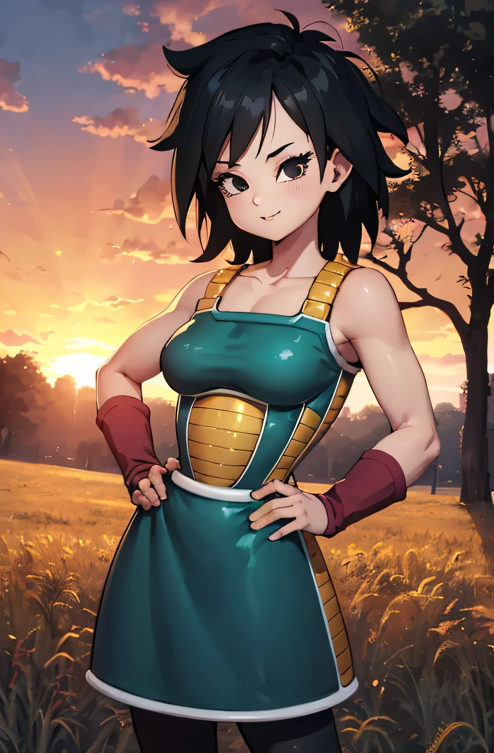 masterpiece, best quality, gine, saiyan armor, collarbone, green skirt, wristband, black pantyhose, upper body, smile, looking at viewer, field, trees, sunset sky, 1 girl, solo, hands on hip