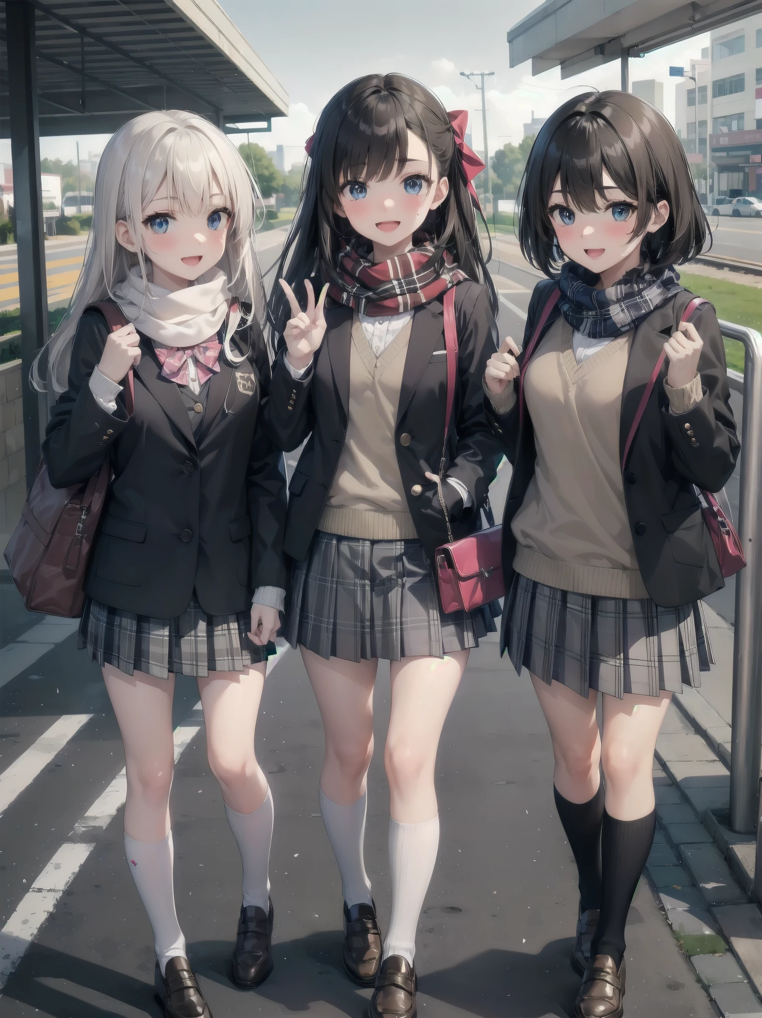 long hair, looking at viewer, blush, smile, open mouth, bangs, blue eyes, multiple girls, skirt, brown hair, shirt, black hair, long sleeves, bow, brown eyes, very long hair, , standing, jacket, white shirt, :d, sweat, pleated skirt, outdoors, open clothes, shoes, day, socks, striped, collared shirt, hand up, 3girls, bag, scarf, red bow, open jacket, black jacket, v-shaped eyebrows, sleeves past wrists, parted bangs, plaid, kneehighs, nose blush, plaid skirt, brown footwear, flying sweatdrops, blazer, cardigan, loafers, grey skirt, school bag, striped bow, diagonal stripes, train station