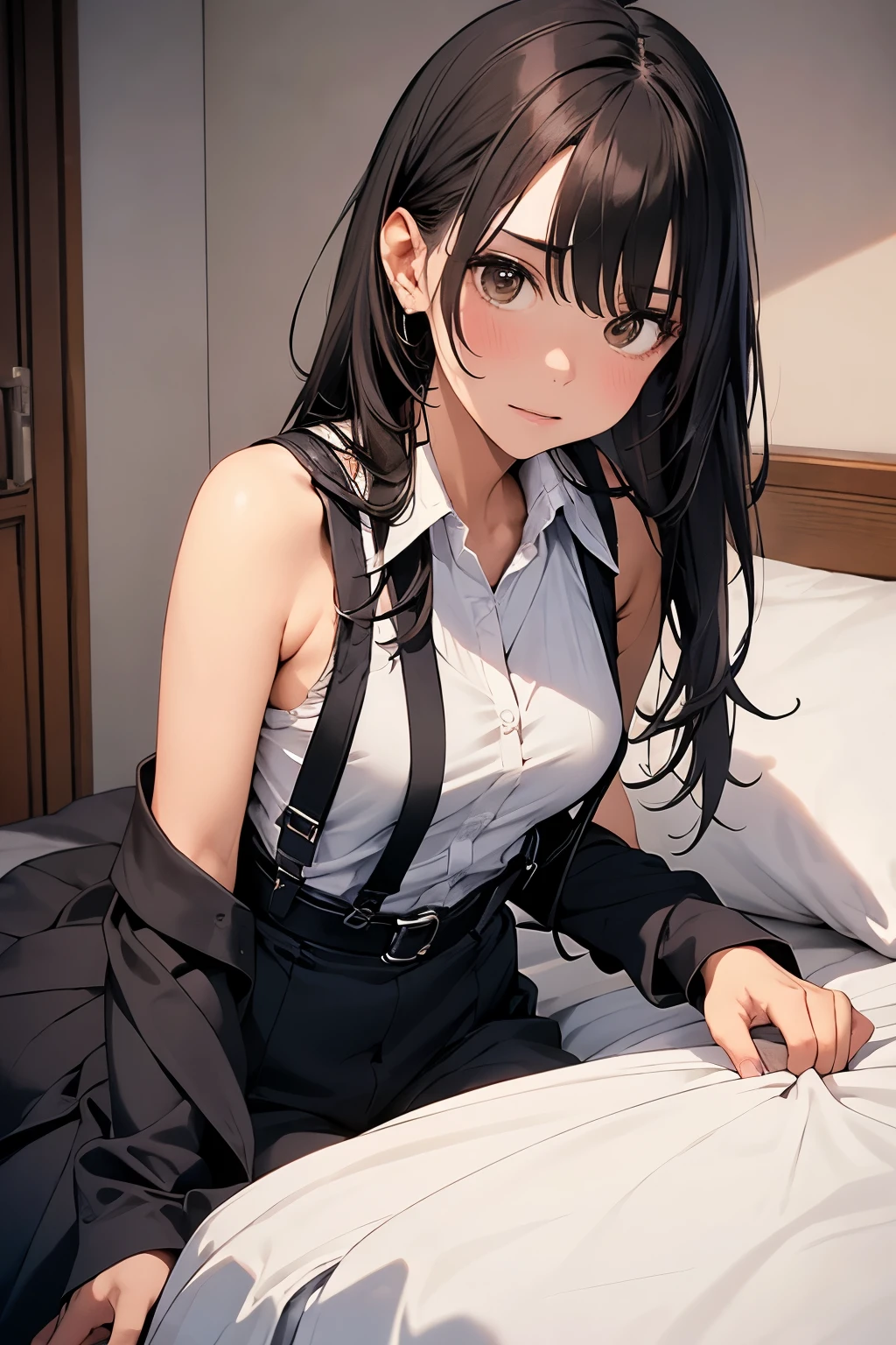 hair、Staring at the audience　　　Black suspenders　　　bulging 　　 　 　　　wall: 　Black pantsuit　　　　　　sight　　　Small face　 　　　holster　　　Beautiful woman　　Show your hand　　 Lying in bed　　sight 　　Taunt　side　side汗 　arm　Dress shirt　belt　summer　Armpit sweat