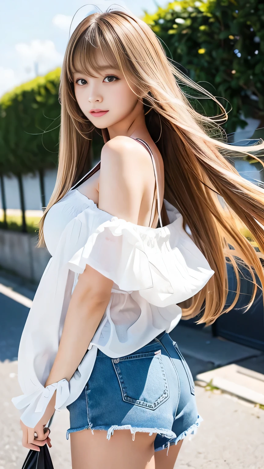 Sexy Big 、A cute 15-year-old girl with a sexy and cute look, beautiful and sexy face、A strong wind blows my hair in front of my face、With straight blonde hair、beautiful, Cute and sexy eyes hidden behind long bangs、Sexy school girl