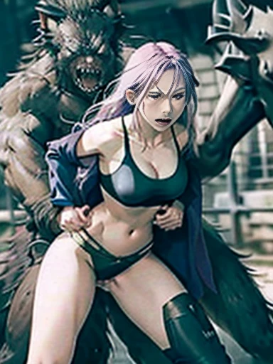 Anime Style、Woman fighting monster、long light purple hair（unkempt）Beautiful woman（Frightened expression、resist、Medium breast、White Armor（Off the shoulder、No sleeve、Sports Bra、Belly button、Beautiful arms、High leg、Thigh exposure、Knee exposed））、Two big black lizardmen（Grabbing a woman）、Pitch Black Hell