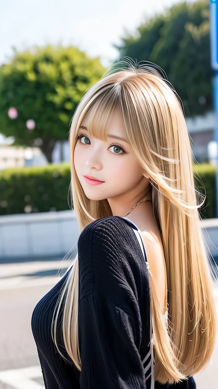 Sexy Big 、Sexy cute looks and cute 15 year old beautiful girl, beautiful and sexy face、A strong wind blows my hair in front of my face、With straight blonde hair、beautiful, Cute and sexy eyes hidden behind long bangs、Gal-style coordination