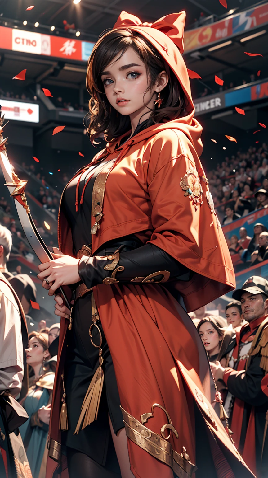 Lily Collins with curly black hair and a red hoodie, Medieval costume, Bow and arrow in hand, The illustrations showing the arena filled with spectators and fans are detailed., Smooth and bright, HD Art by Citemer Liu