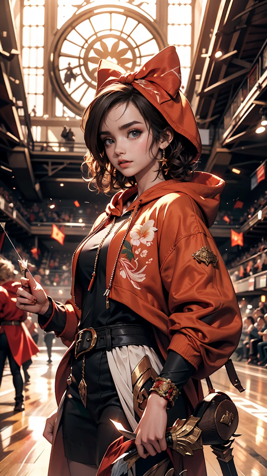 Lily Collins with curly black hair and a red hoodie, Medieval costume, Bow and arrow in hand, The illustrations showing the arena filled with spectators and fans are detailed., Smooth and bright, HD Art by Citemer Liu