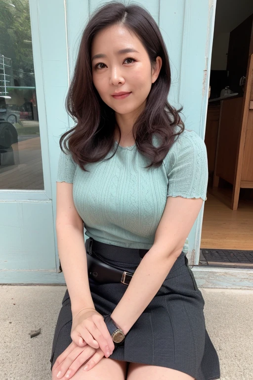 (top-quality, masterpiece,photo realistic,ultra-detailed,Textured skin:1.2),from above, break (Place both hands on your knees),(bend forward at the waist),((leaning your upper body down)),1 girl,
break  (mini skirt),(shirts),
break (japanese mature woman),(45 years old),
break (natural hair style),natural eyeblow,smile,