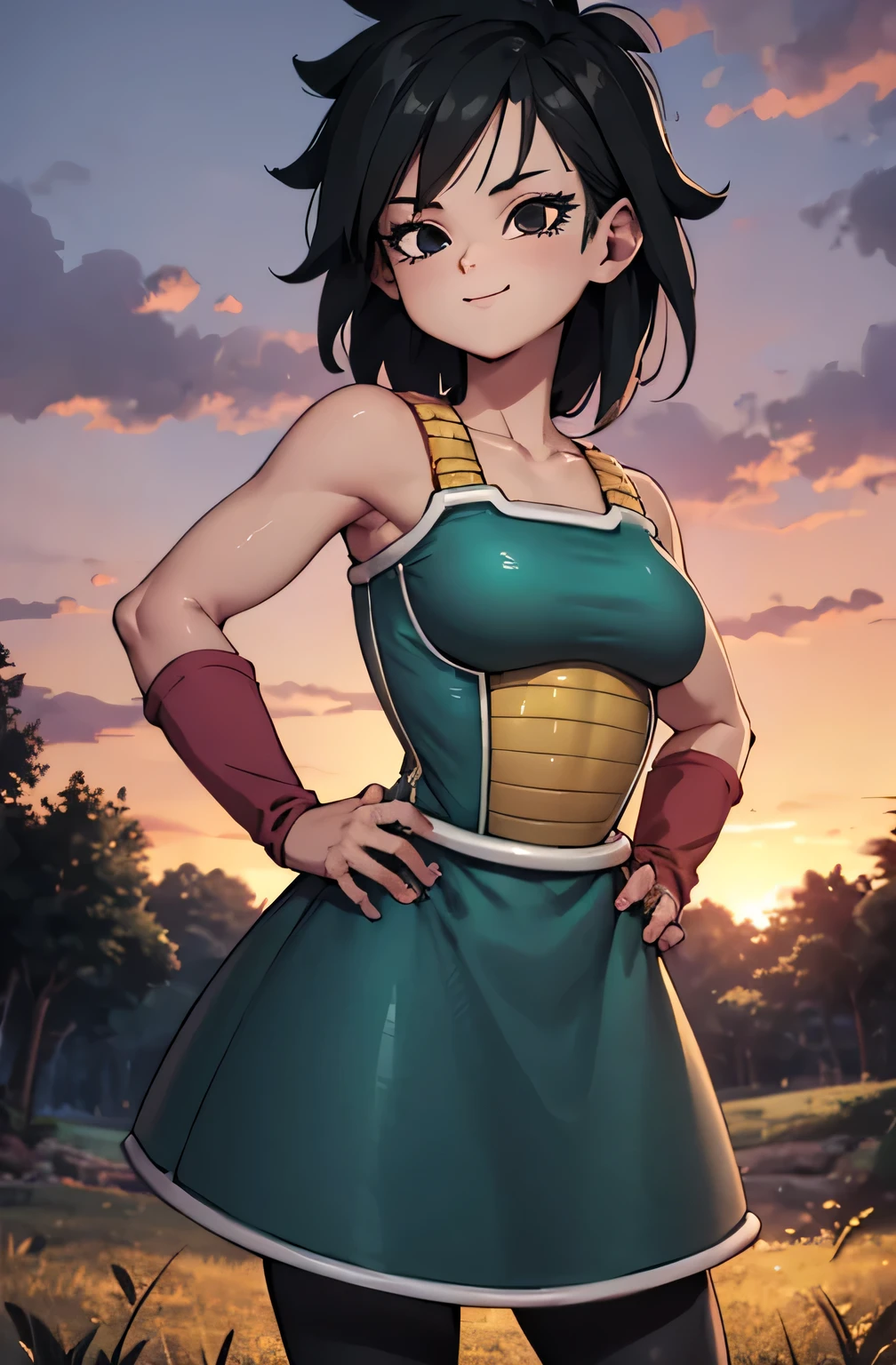 masterpiece, best quality, gine, saiyan armor, collarbone, green skirt, wristband, black pantyhose, upper body, smile, looking at viewer, field, trees, sunset sky, 1 girl, solo, hands on hip