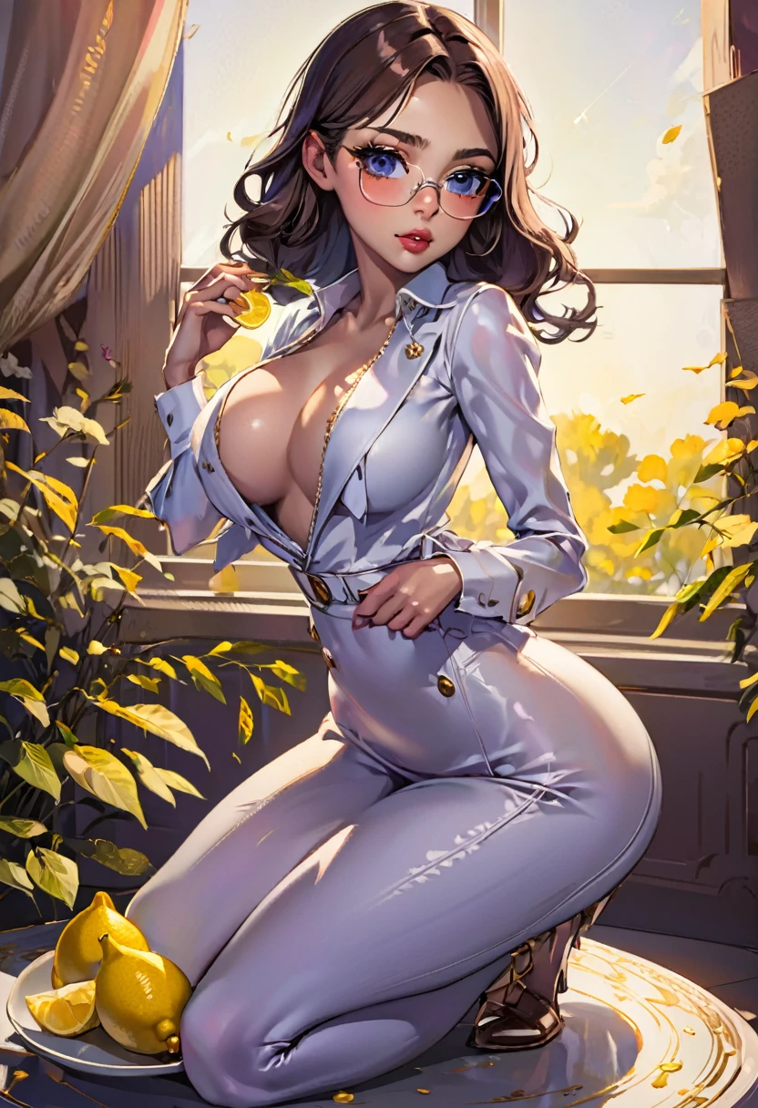 1 girl, cute outfit, plunging neckline, breasts over exposed, puckering mouth, holding lemon slice, comical, full body, detailed realistic portrait, high quality, 8k, photorealistic, studio lighting, masterpiece, beautiful detailed eyes, beautiful detailed lips, extremely detailed face, long eyelashes, elegant, glamorous, intriguing, dynamic pose, natural lighting, warm color palette, cinematic composition