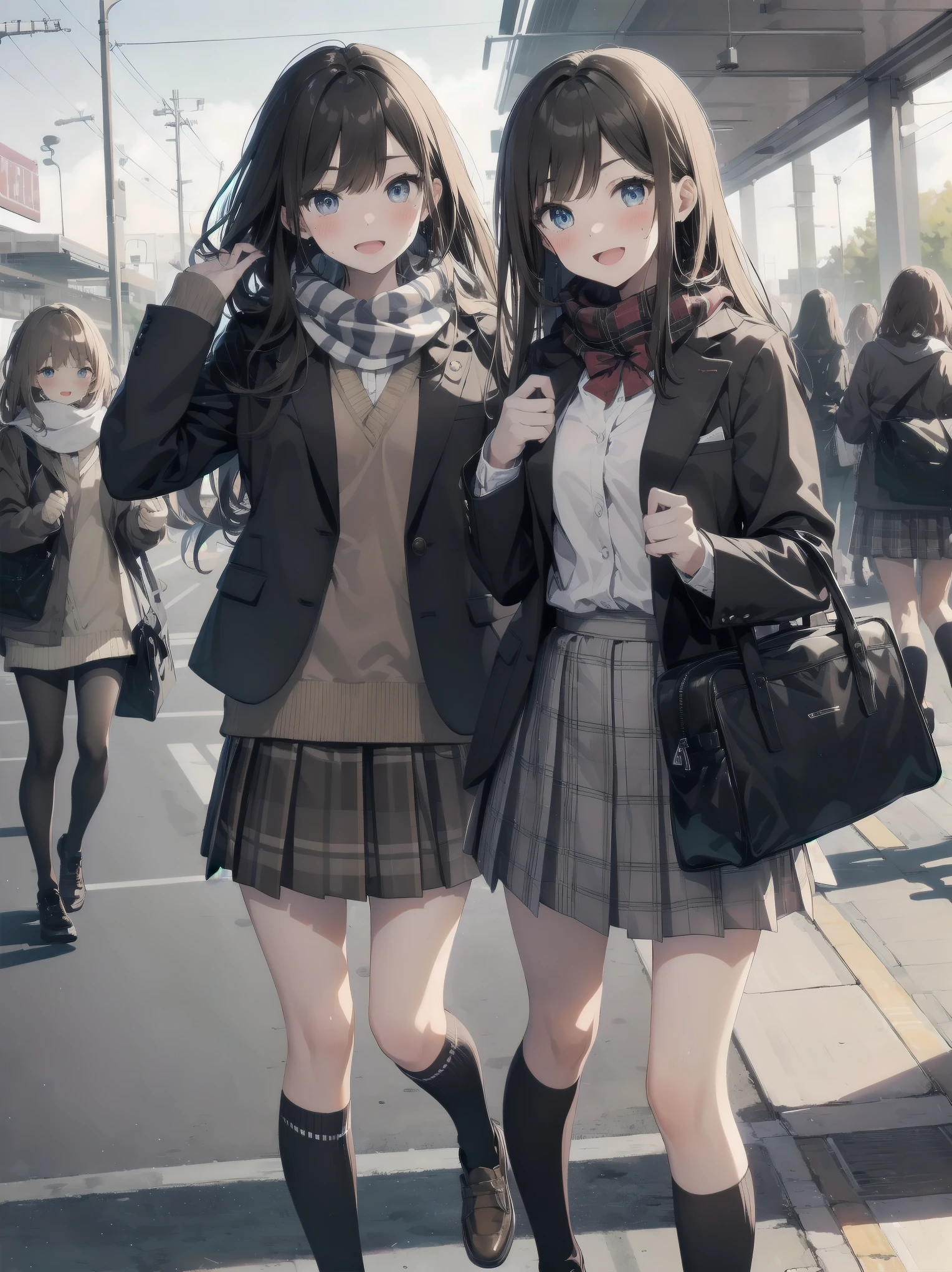 long hair, looking at viewer, blush, smile, open mouth, bangs, blue eyes, multiple girls, skirt, brown hair, shirt, black hair, long sleeves, bow, brown eyes, very long hair, , standing, jacket, white shirt, :d, sweat, pleated skirt, outdoors, open clothes, shoes, day, socks, striped, collared shirt, hand up, 3girls, bag, scarf, red bow, open jacket, black jacket, v-shaped eyebrows, sleeves past wrists, parted bangs, plaid, kneehighs, nose blush, plaid skirt, brown footwear, flying sweatdrops, blazer, cardigan, loafers, grey skirt, school bag, striped bow, diagonal stripes, train station