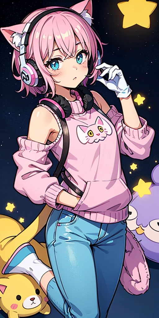 cat girl, solo, gloves, fluffy clothes, pants, sweater, sleeves, socks, slippers, pastel colors, (purple, blue, pink, yellow), cozy, dreamy, stars, stickers, bubbles, glitter, sparkles, plushies, headphones