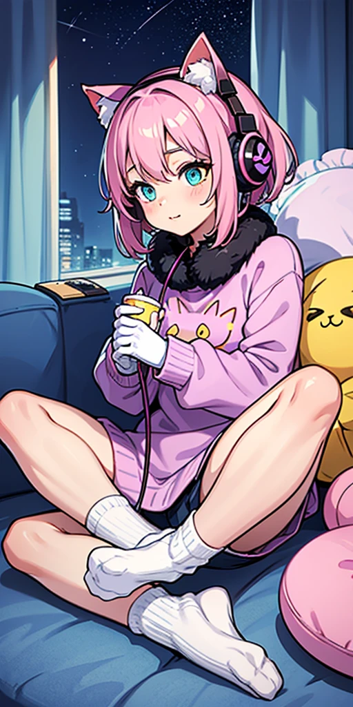 cat girl, solo, gloves, fluffy clothes, pants, sweater, sleeves, socks, slippers, pastel colors, (purple, blue, pink, yellow), cozy, dreamy, stars, stickers, bubbles, glitter, sparkles, plushies, headphones