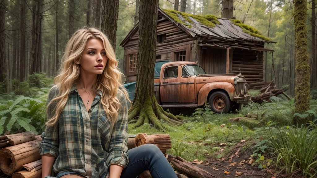 cabin in the woods, front porch, wood pile, rusty truck on cinderblocks, dense trees, dark woods, large oak trees, moss, Beautiful woman, plaid long-sleeved flannel shirt, long wavy blonde hair,