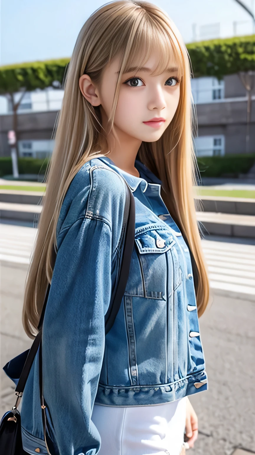 Sexy Big 、Sexy cute looks and cute 15 year old beautiful girl, beautiful and sexy face、A strong wind blows my hair in front of my face、With straight blonde hair、beautiful, Cute and sexy eyes hidden behind long bangs、Gal-style coordination