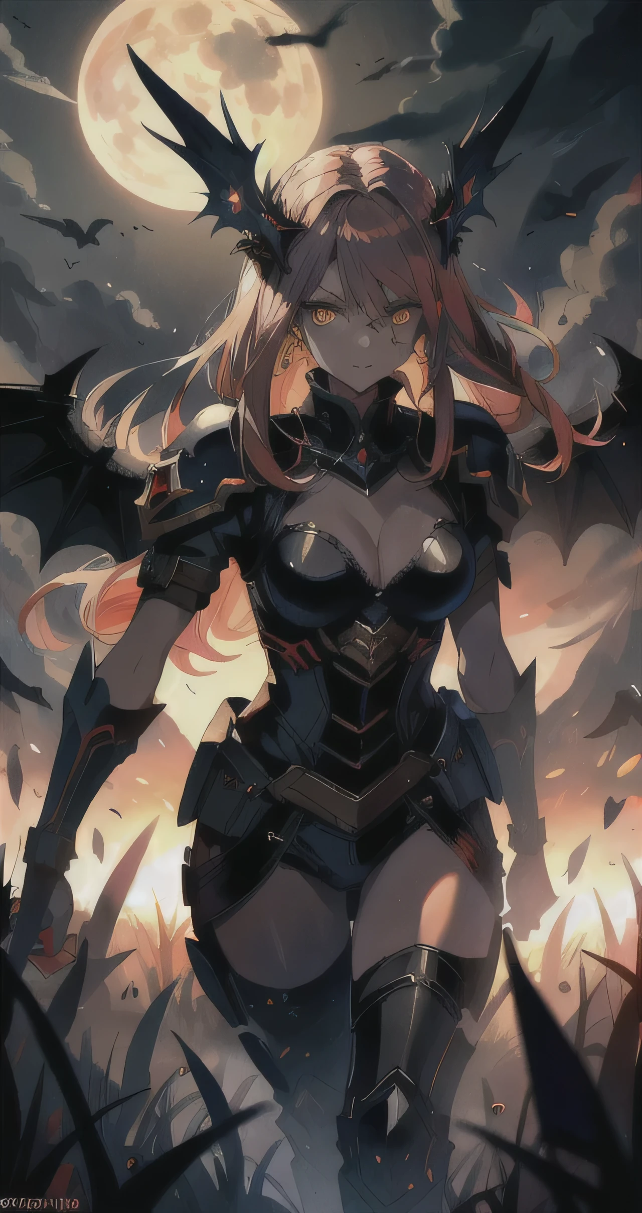 a vampire with bright glowing eyes walking on dead bodies in an apocalyptic Armageddon landscape, yellow moon, angel wings, war, beasts, soldiers, detailed face, portrait, cinematic lighting, colorful color palette, dark moody atmosphere, highly detailed, 8k, , dramatic, red glowing eyes, red glowing hair, ultra long hair