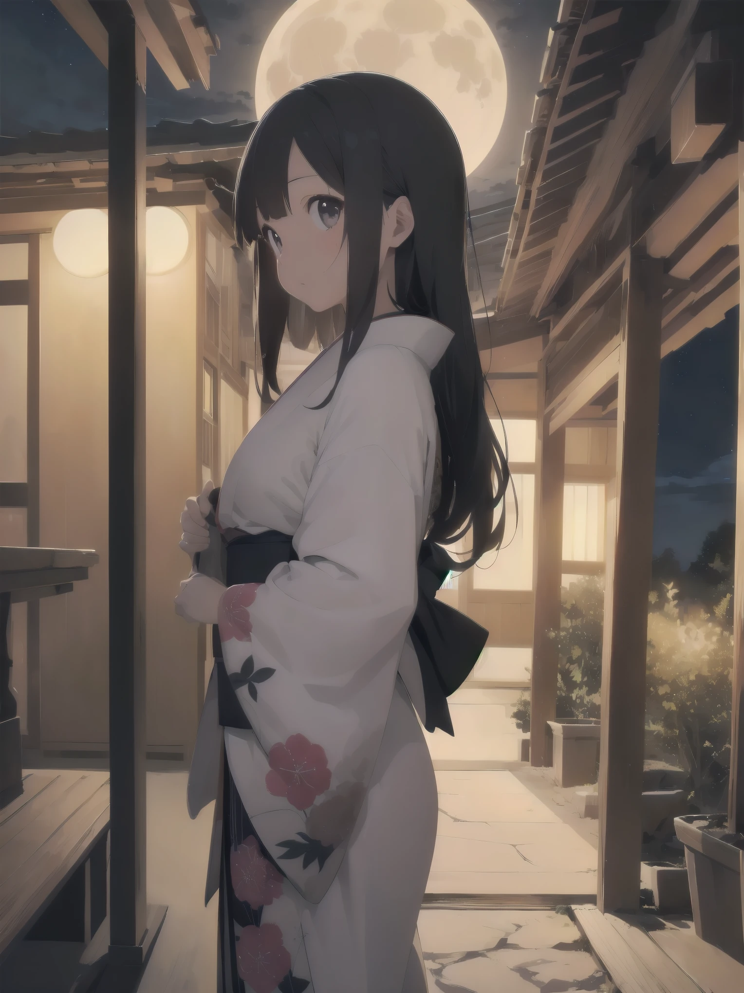 (full moon and girl, kimono, tsukimi dango, looking at the moon on the porch) As the full moon twinkles in the night sky, a young girl in kimono sits on the porch, quietly looking up at the moon while holding a tsukimi dango in her hand. The shades of her kimono reflect the moonlight, making her even more beautiful in the quiet night. The full moon is large in her eyes and the silence of the night is pleasant. The bamboo grove in the garden rustles in the wind, and a peaceful moment flows through her mind.
