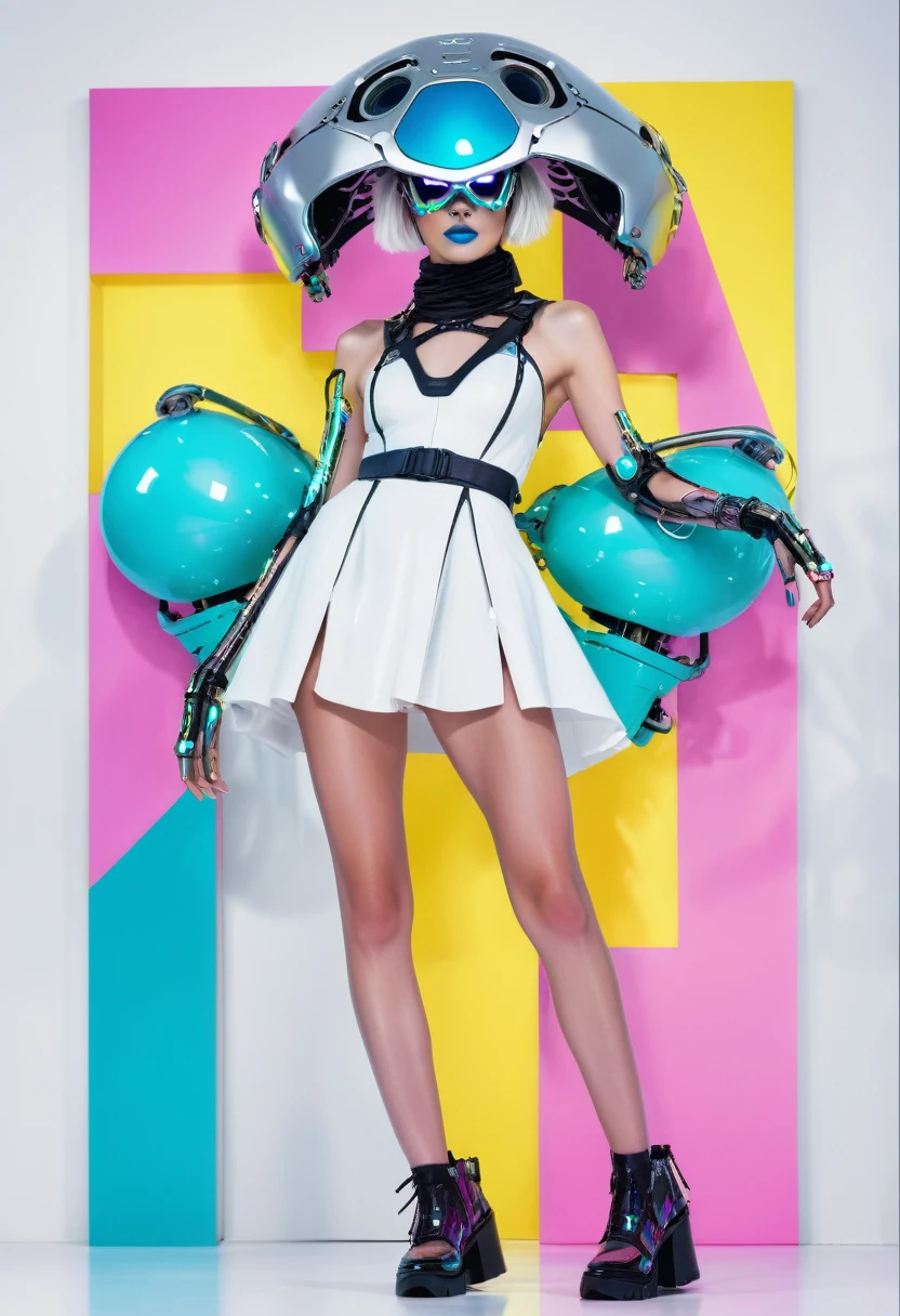 a woman wearing an exo-skeleton mask on a fashion runway, vibrant neon lighting, teenage model, intricate mechanical design, high-tech futuristic cyberpunk style, dynamic pose, dramatic lighting, colorful dystopian background, detailed metal textures, glossy wet look, hyper-realistic, 8k, photorealistic, cinematic, masterpiece