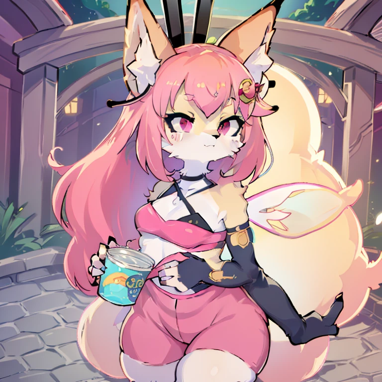 Queen Bee (Helluva Boss), 1girl, you anthro, humanoid, long liquid honey hair, multicolored hair (blue and pink), four arms, tail, long eyelashes, yellow fur, long ears, red eyes, fairy wings, fox, detailed eyes, furry, pink clothes, perfect anatomy, light pink shorts, black stockings, pink sholder crop-tops, black low-cut bra