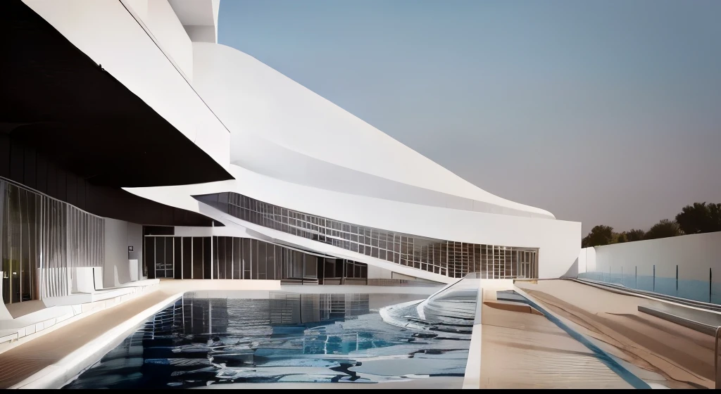 there is a large swimming pool with a white structure in the background, rendu d'architecture, like Zaha Hadid architect, like Zaha Hadid, rendu architectural, inspired by João Artur da Silva, detailed rendering, inspired by Ned M. Seidler, inspired by Zaha Hadid, digital rendering, rendu d'architecture ”, concept architectural, visualisation architecturale, rendu final